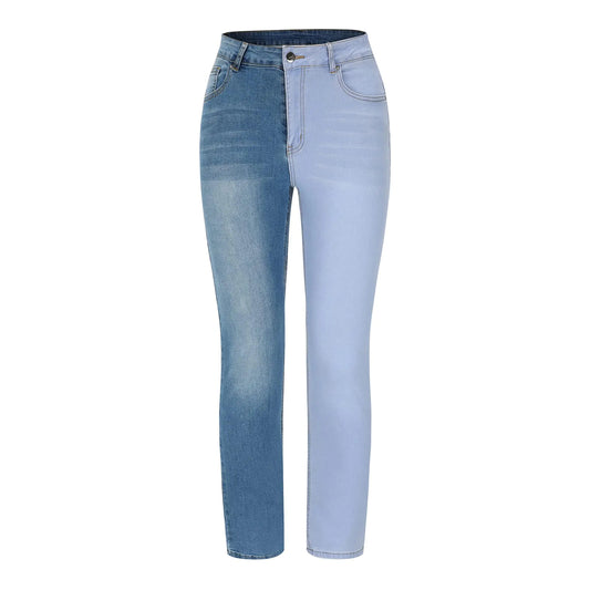 Women's Mid Rise Patchwork Straight Leg Jeans - Blue Block