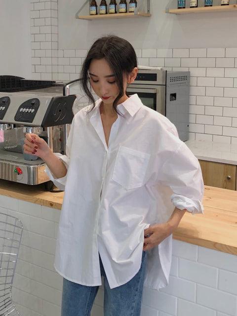 Beiyingni 2021 Spring Autumn Women Shirts White Plain Loose Oversized Blouses Female Tops Loose BF Korean Style Blusas Pockets - Encouraging The Truth Organization