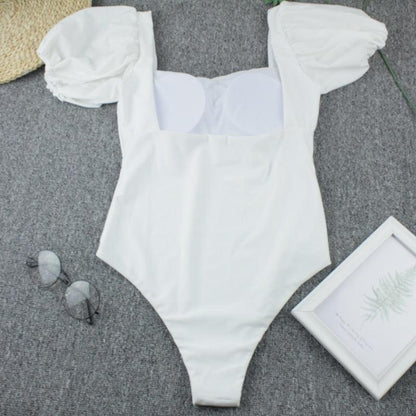Bikini New 2 Piece Women Swimsuit Women's High Waist Bikini Set Fashion Puff Sleeve Swimwear Set Bathing Suits Solid Color Short Puff Sleeve Summer High Waist Cut Backless Bathing Suit Beachwear