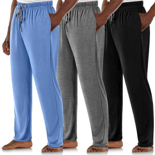 Men's Cotton Pajama Pants - 3 Pack with Pockets (Black, Denim Blue, Light Grey)