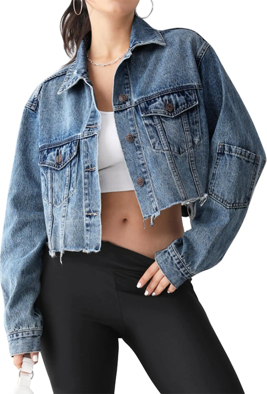 EG CHRIS G Women's Oversized Cropped Denim Jacket