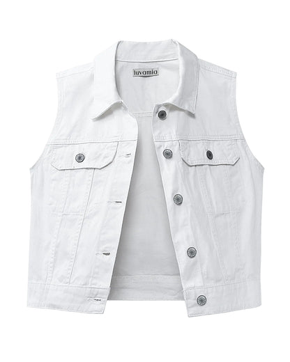 Luvamia White Denim Vest – Sleeveless Cropped Jacket