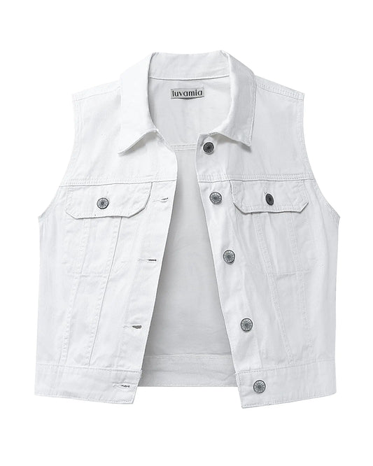 Luvamia White Denim Vest – Sleeveless Cropped Jacket
