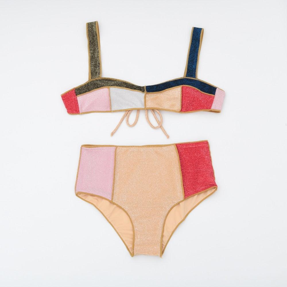 High Waist Bikini Women Swimsuit Contrast Color Patchwork Swimwear Bathing Suit For Women 2 Piece Cutout Swimsuit Strap Modern Summer Bikini Female New Flash Bathing Suit Beachwear Swimming Suit