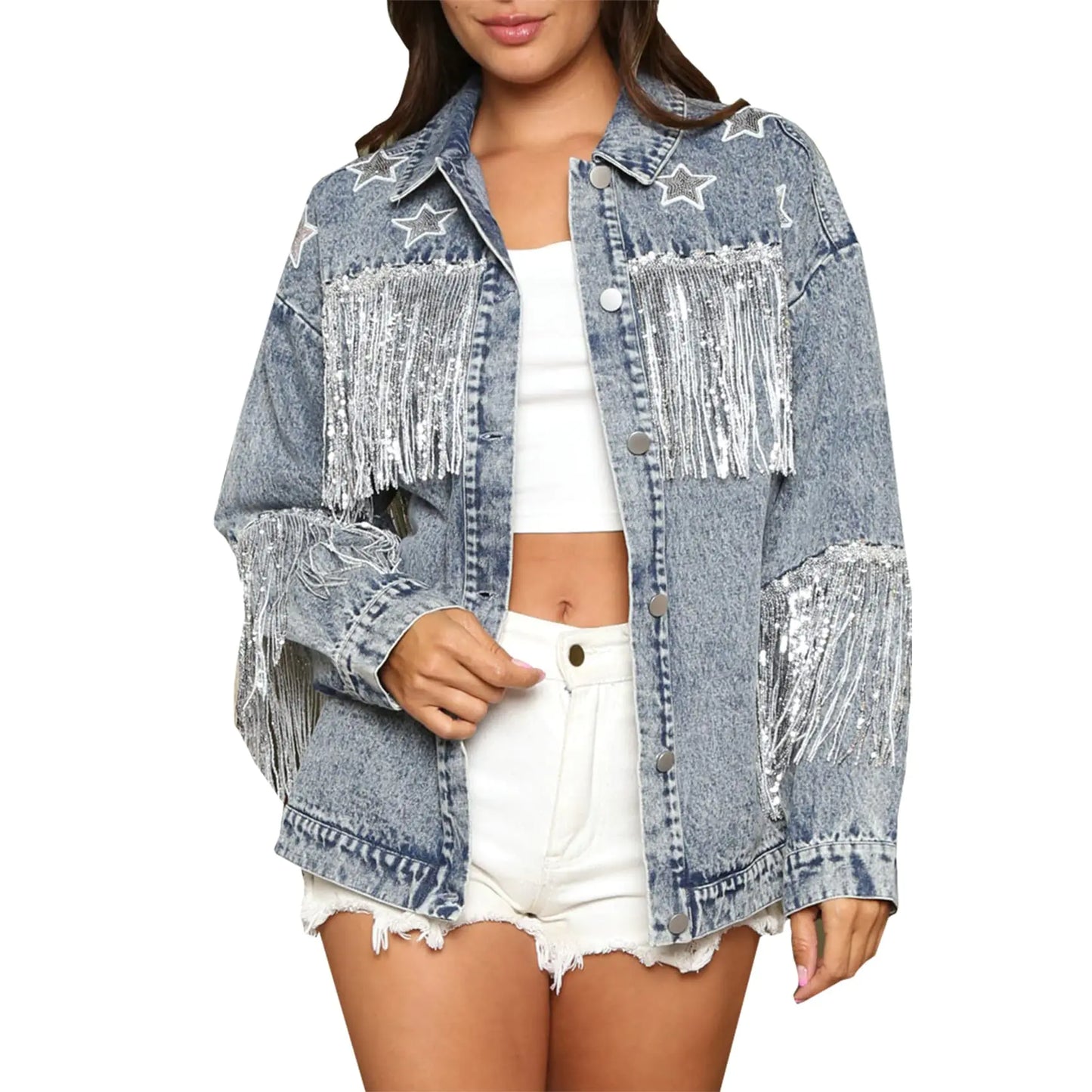 Oversized Denim Jacket – Star Embroidered Western Style with Rhinestones