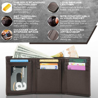 Mens RFID Wallet - Extra Capacity Leather Trifold 7 slot with ID Window