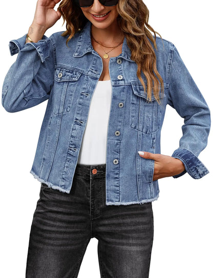 Luvamia Lightweight Denim Jacket – Raw Hem Button-Down with Pockets