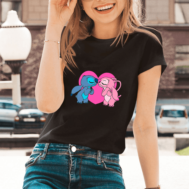 Lilo Stitch Cartoon Pattern T-shirts Female Kawaii Harajuku Outdoor Fashion Dropship Diseny O-Neck Women T Shirts Black White - Encouraging The Truth Organization