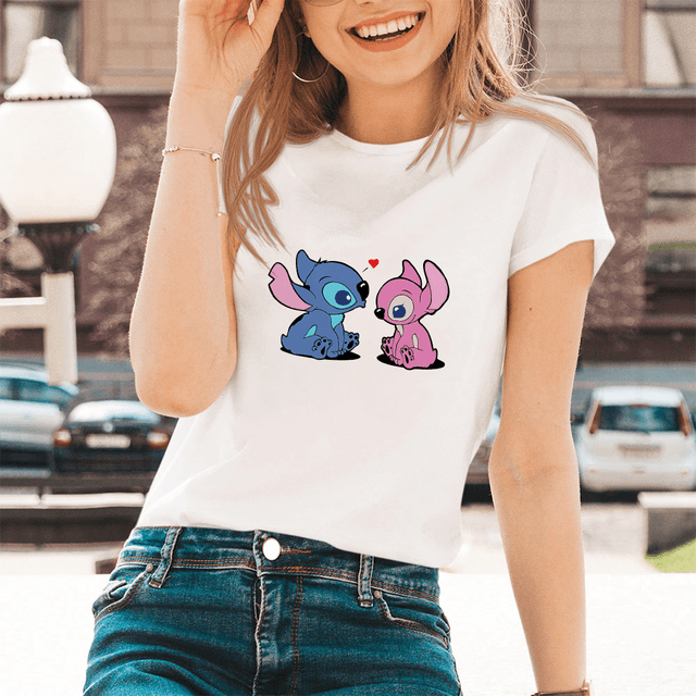 Lilo Stitch Cartoon Pattern T-shirts Female Kawaii Harajuku Outdoor Fashion Dropship Diseny O-Neck Women T Shirts Black White - Encouraging The Truth Organization