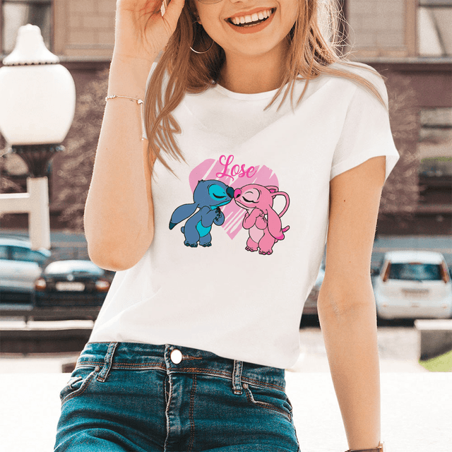 Lilo Stitch Cartoon Pattern T-shirts Female Kawaii Harajuku Outdoor Fashion Dropship Diseny O-Neck Women T Shirts Black White - Encouraging The Truth Organization