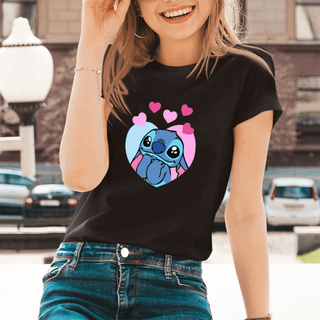 Lilo Stitch Cartoon Pattern T-shirts Female Kawaii Harajuku Outdoor Fashion Dropship Diseny O-Neck Women T Shirts Black White - Encouraging The Truth Organization