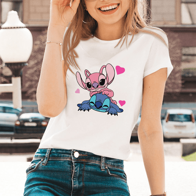 Lilo Stitch Cartoon Pattern T-shirts Female Kawaii Harajuku Outdoor Fashion Dropship Diseny O-Neck Women T Shirts Black White - Encouraging The Truth Organization