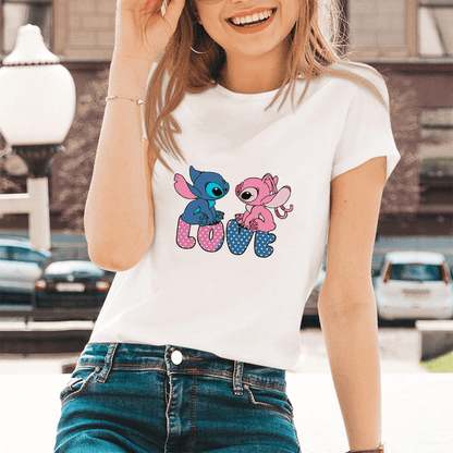 Lilo Stitch Cartoon Pattern T-shirts Female Kawaii Harajuku Outdoor Fashion Dropship Diseny O-Neck Women T Shirts Black White - Encouraging The Truth Organization