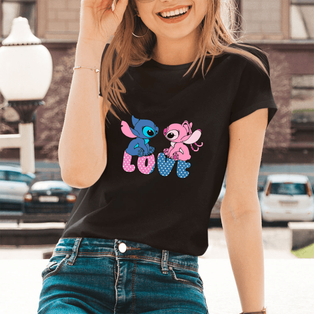 Lilo Stitch Cartoon Pattern T-shirts Female Kawaii Harajuku Outdoor Fashion Dropship Diseny O-Neck Women T Shirts Black White - Encouraging The Truth Organization