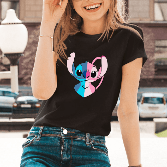 Lilo Stitch Cartoon Pattern T-shirts Female Kawaii Harajuku Outdoor Fashion Dropship Diseny O-Neck Women T Shirts Black White - Encouraging The Truth Organization