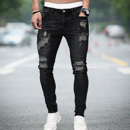 Men Jeans Knee Hole Ripped Stretch Skinny Denim Pants Solid Color Black Blue Autumn Summer Hip-Hop Style Slim Fit Trousers S-4XL - Encouraging The Truth Organization