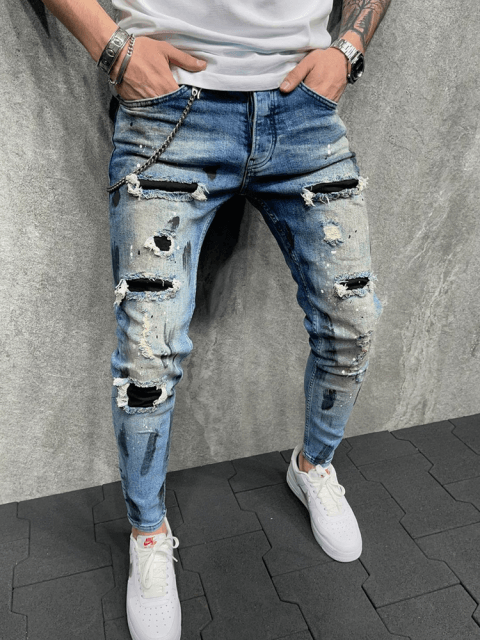 Men Jeans Knee Hole Ripped Stretch Skinny Denim Pants Solid Color Black Blue Autumn Summer Hip-Hop Style Slim Fit Trousers S-4XL - Encouraging The Truth Organization