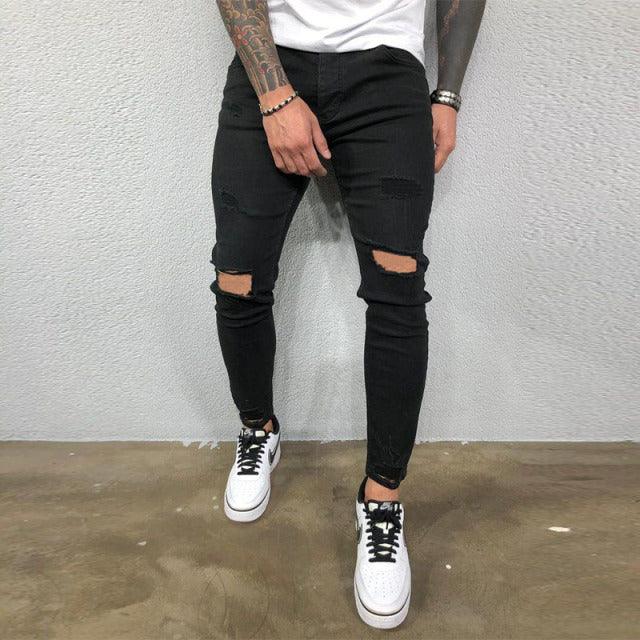 Men Jeans Knee Hole Ripped Stretch Skinny Denim Pants Solid Color Black Blue Autumn Summer Hip-Hop Style Slim Fit Trousers S-4XL - Encouraging The Truth Organization