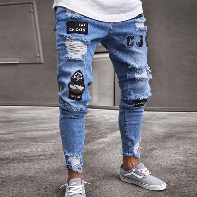 Men Jeans Knee Hole Ripped Stretch Skinny Denim Pants Solid Color Black Blue Autumn Summer Hip-Hop Style Slim Fit Trousers S-4XL - Encouraging The Truth Organization