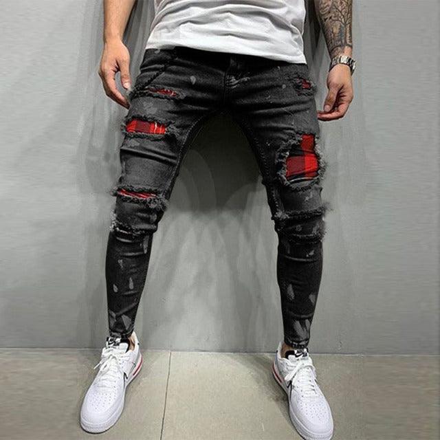 Men Jeans Knee Hole Ripped Stretch Skinny Denim Pants Solid Color Black Blue Autumn Summer Hip-Hop Style Slim Fit Trousers S-4XL - Encouraging The Truth Organization