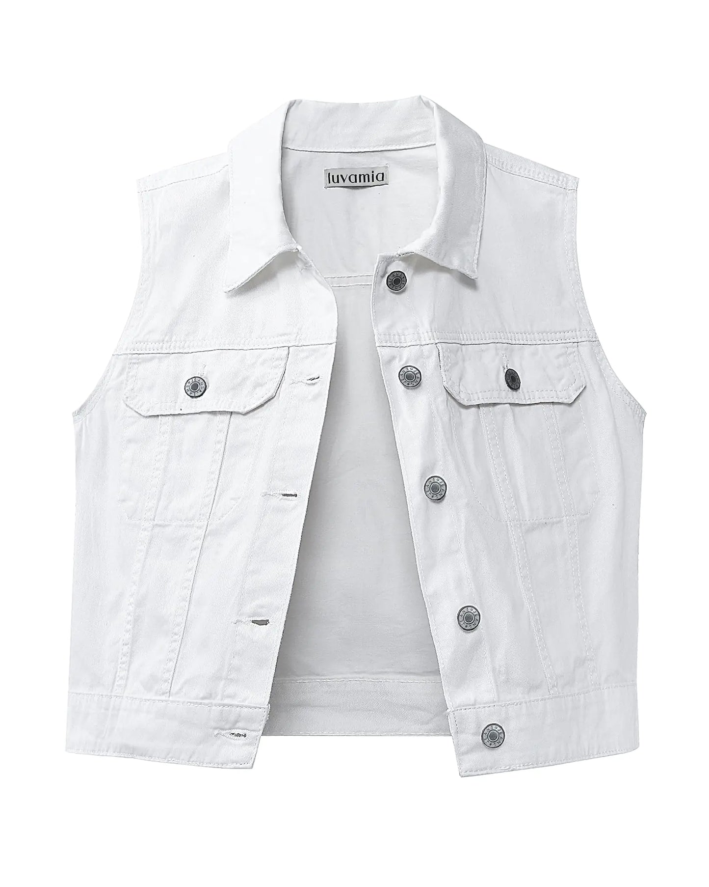 Luvamia White Denim Vest – Sleeveless Cropped Jacket