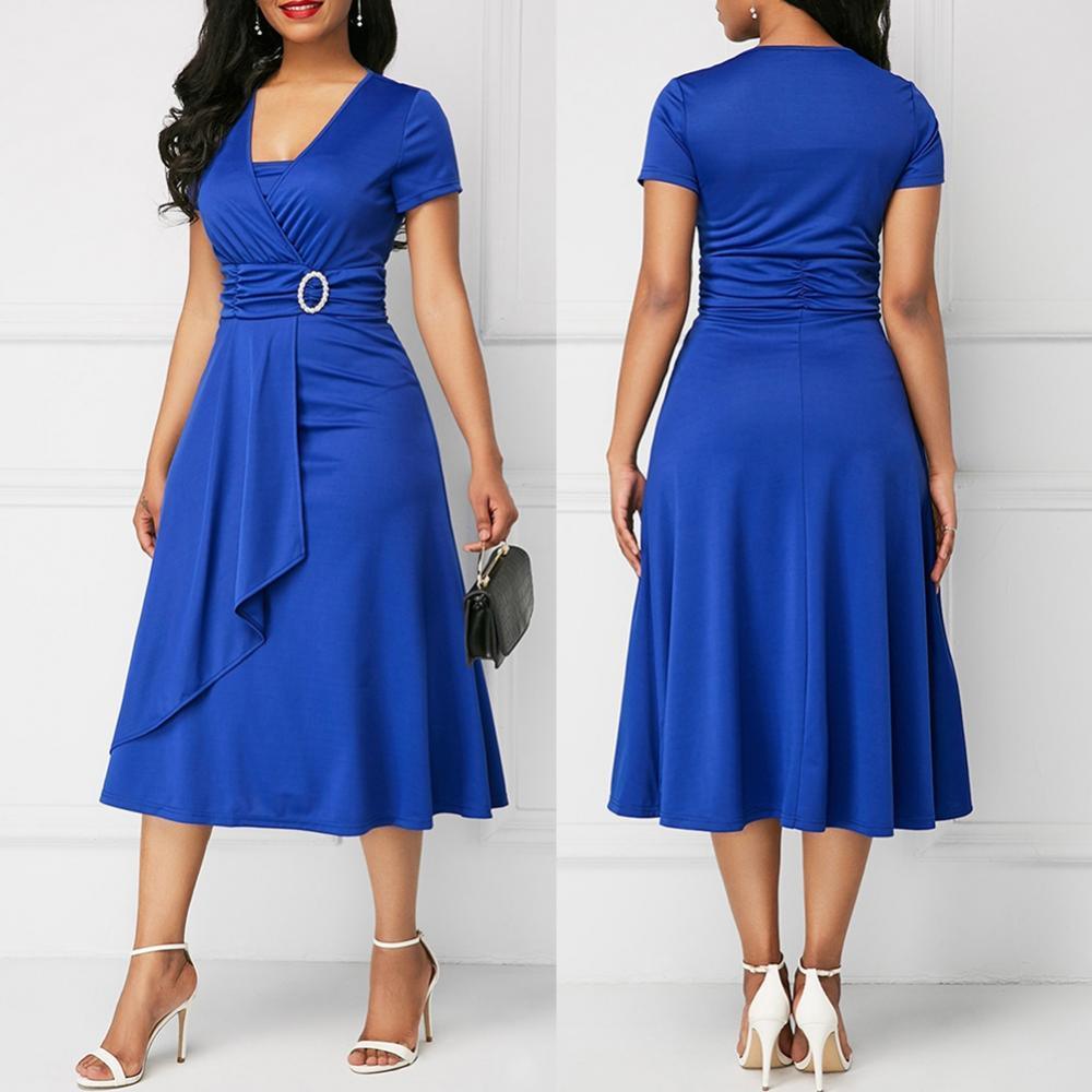 Plus Size Elegant Women Solid Color Short Sleeve V Neck Asymmetric Hem Waist Tight Midi Party Dress Ladies Evening Vestidos - Encouraging The Truth Organization