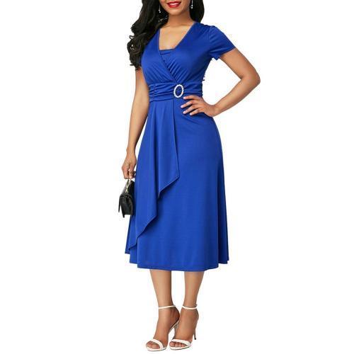Plus Size Elegant Women Solid Color Short Sleeve V Neck Asymmetric Hem Waist Tight Midi Party Dress Ladies Evening Vestidos - Encouraging The Truth Organization