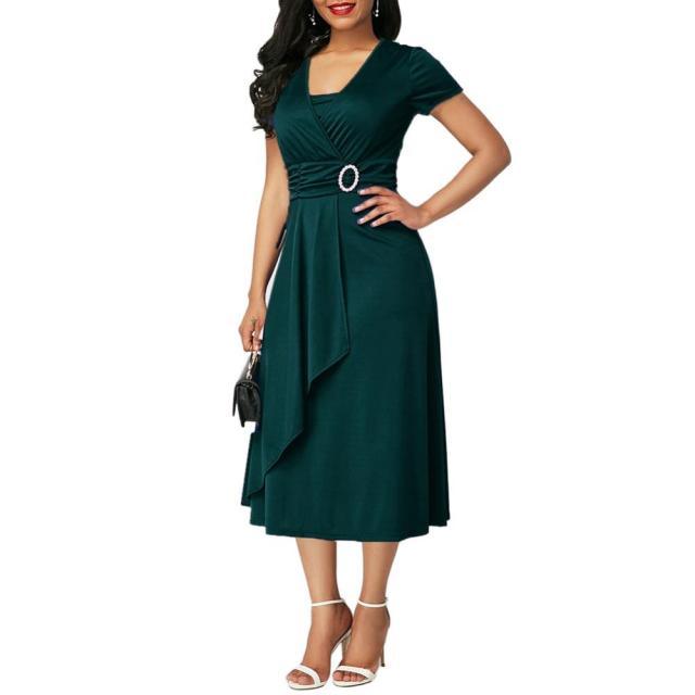 Plus Size Elegant Women Solid Color Short Sleeve V Neck Asymmetric Hem Waist Tight Midi Party Dress Ladies Evening Vestidos - Encouraging The Truth Organization