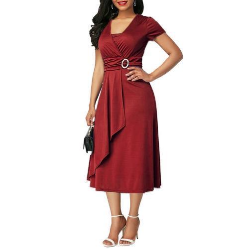 Plus Size Elegant Women Solid Color Short Sleeve V Neck Asymmetric Hem Waist Tight Midi Party Dress Ladies Evening Vestidos - Encouraging The Truth Organization