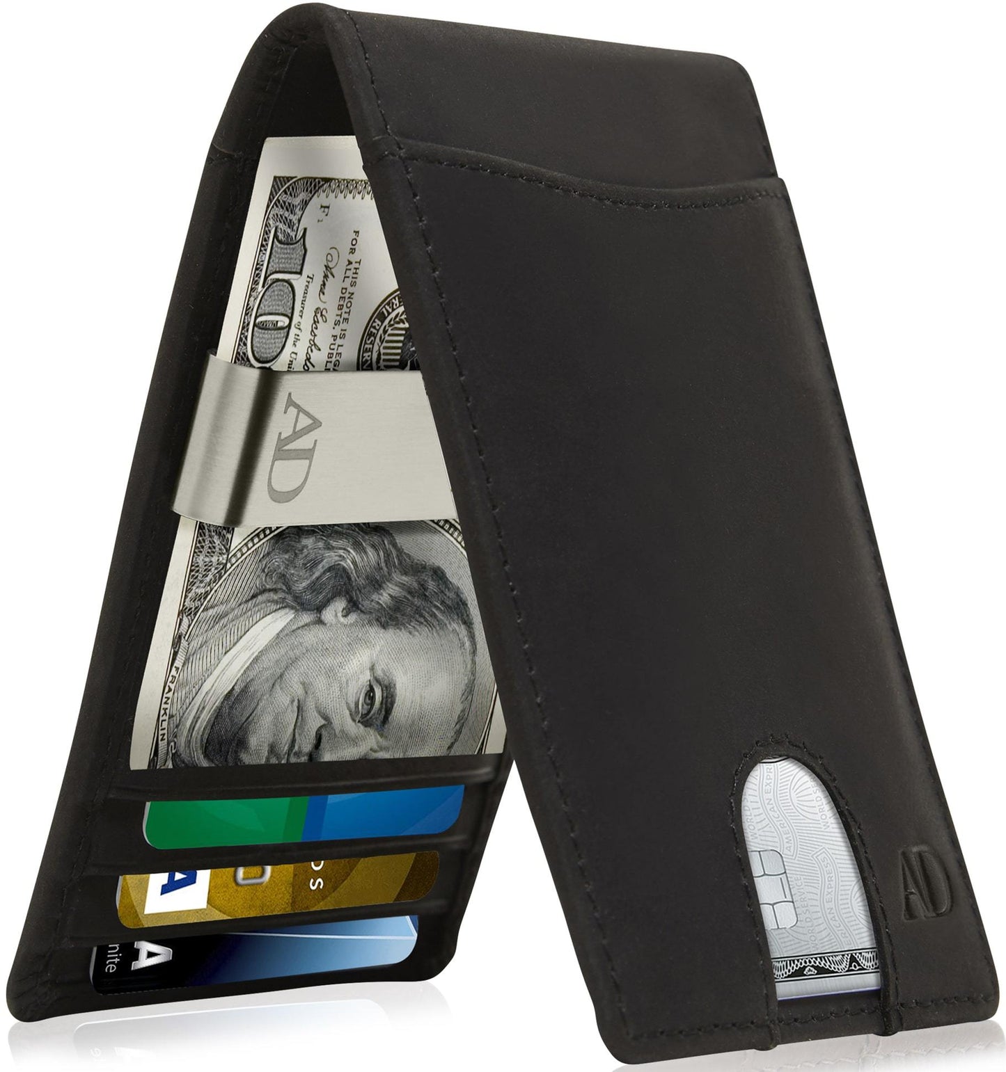 Genuine Leather Slim Money Clip Wallet – 7 Card Slots, RFID Blocking