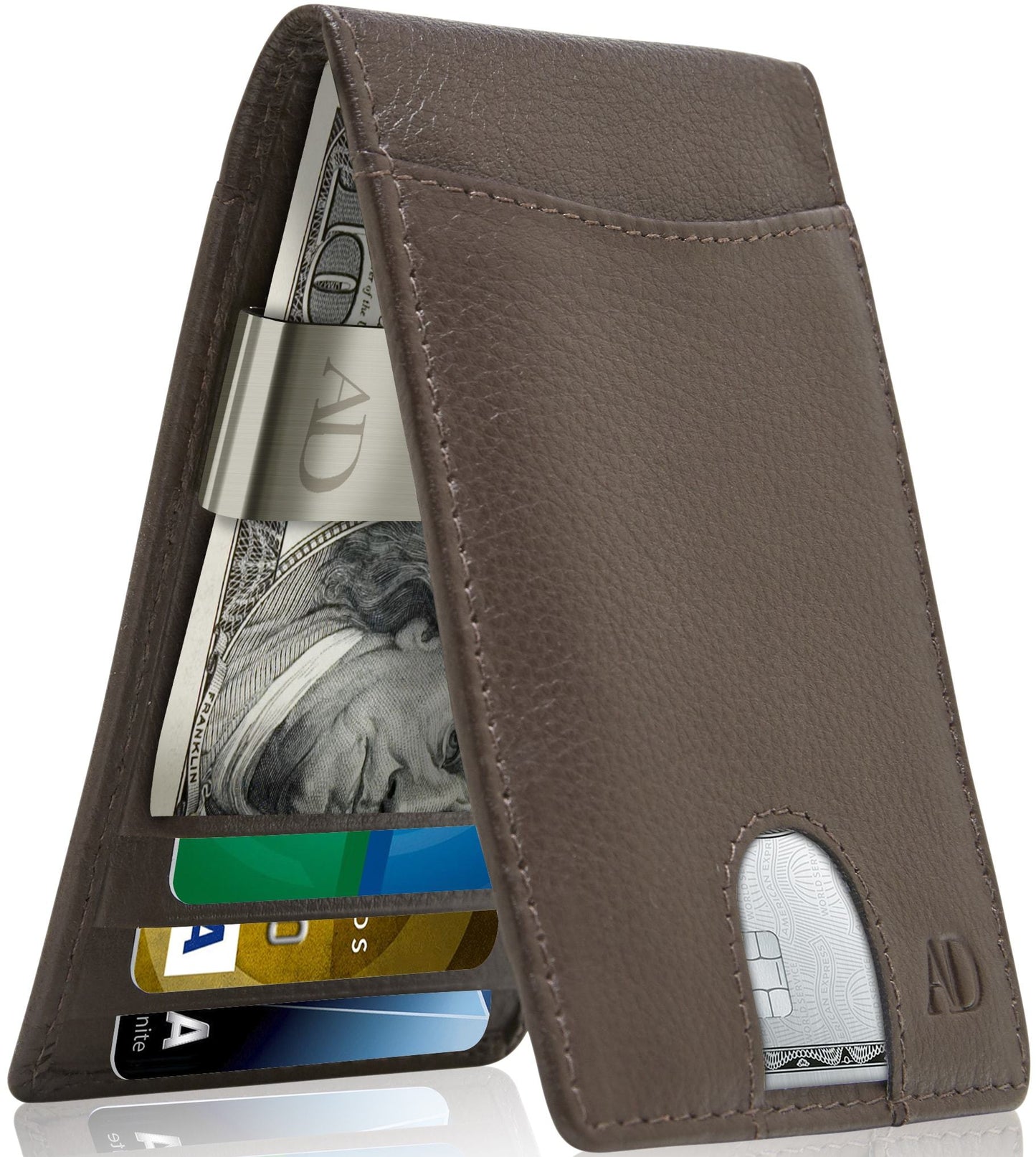 Genuine Leather Slim Money Clip Wallet – 7 Card Slots, RFID Blocking