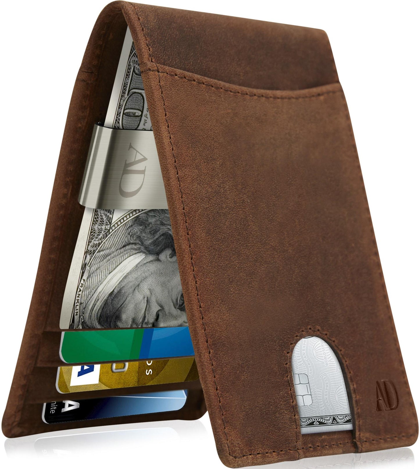 Genuine Leather Slim Money Clip Wallet – 7 Card Slots, RFID Blocking
