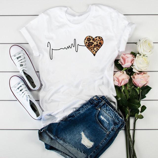 Summer New 90 ’s Leopard Heartbeat Short Sleeve Print Clothing Women&#39;s T-Shirt Harajuku Graphic Clothing Women&#39;s Top,Drop Ship - Encouraging The Truth Organization