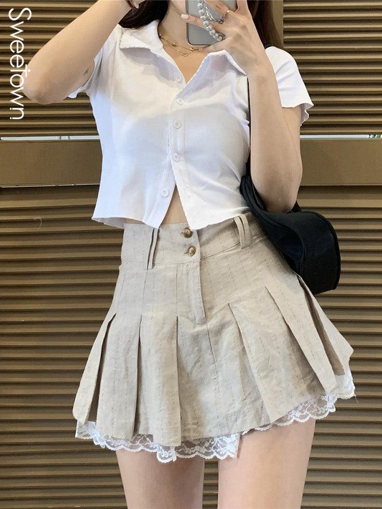 Sweetown Korean Fashion Khaki Short Skirt Lace Trim Cute Pleated Skirts Womens Preppy Style Button Up High Waist Summer Skirt - Encouraging The Truth Organization