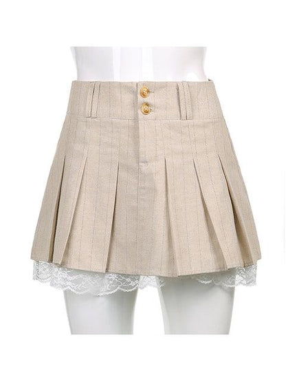 Sweetown Korean Fashion Khaki Short Skirt Lace Trim Cute Pleated Skirts Womens Preppy Style Button Up High Waist Summer Skirt - Encouraging The Truth Organization