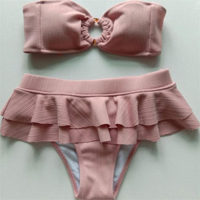 Swimsuit Women Ruffle Bikini Summer  Two Pieces Solid Pink Swimwear Push Up Bather Suit Women Charming Color Tummy Control Swimwear Plus Size Swim Dress Swimsuit Two Piece Bathing Suits