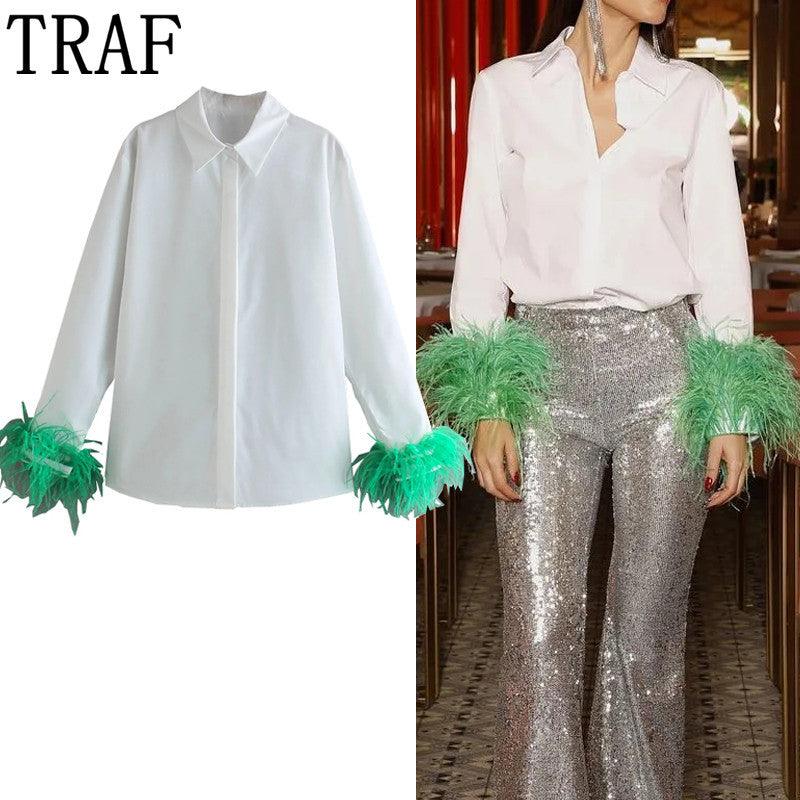 TRAF White Shirt Woman Long Sleeve Green Feather Top Party Elegant Female Blouses Fashion Collared Button Up Women Shirt - Encouraging The Truth Organization