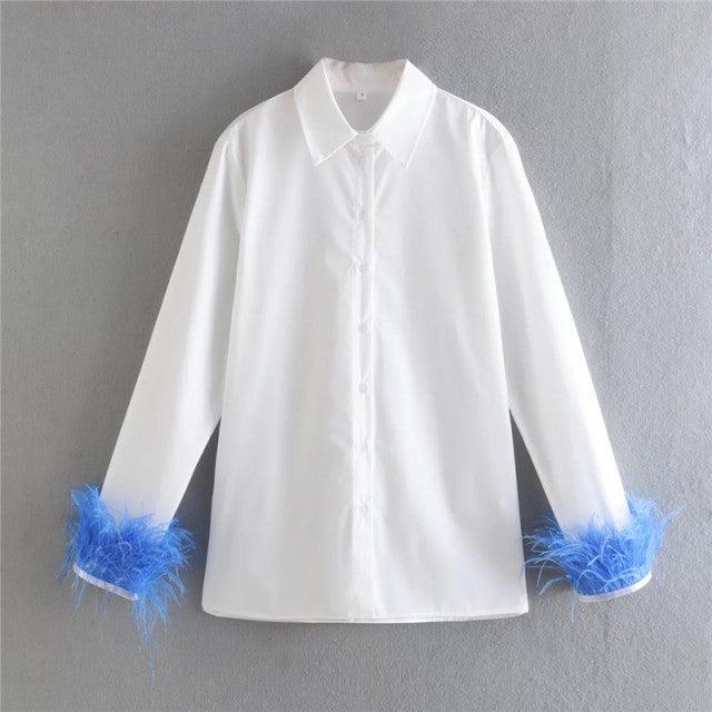 TRAF White Shirt Woman Long Sleeve Green Feather Top Party Elegant Female Blouses Fashion Collared Button Up Women Shirt - Encouraging The Truth Organization