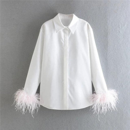 TRAF White Shirt Woman Long Sleeve Green Feather Top Party Elegant Female Blouses Fashion Collared Button Up Women Shirt - Encouraging The Truth Organization