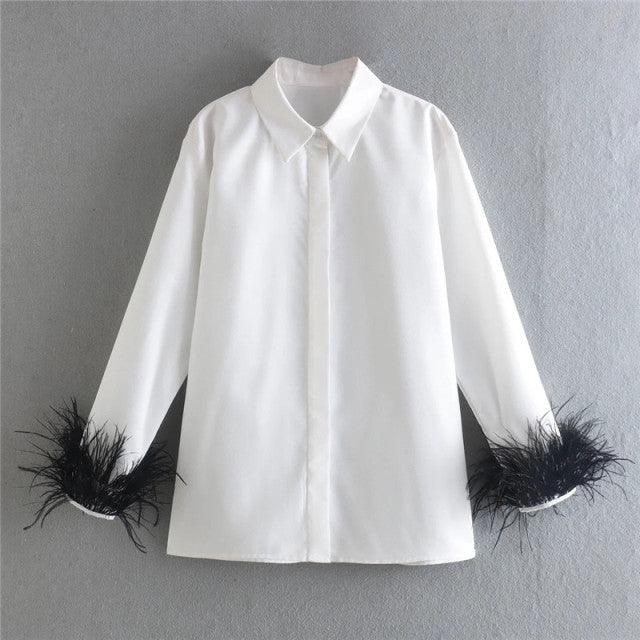 TRAF White Shirt Woman Long Sleeve Green Feather Top Party Elegant Female Blouses Fashion Collared Button Up Women Shirt - Encouraging The Truth Organization