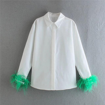 TRAF White Shirt Woman Long Sleeve Green Feather Top Party Elegant Female Blouses Fashion Collared Button Up Women Shirt - Encouraging The Truth Organization