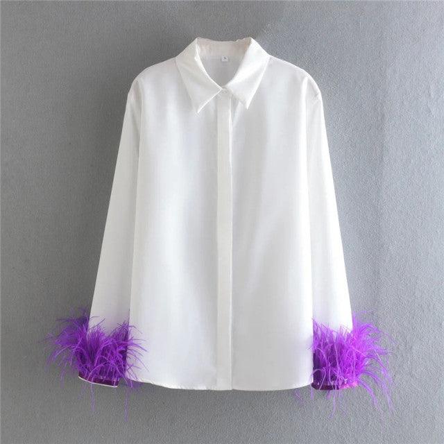 TRAF White Shirt Woman Long Sleeve Green Feather Top Party Elegant Female Blouses Fashion Collared Button Up Women Shirt - Encouraging The Truth Organization