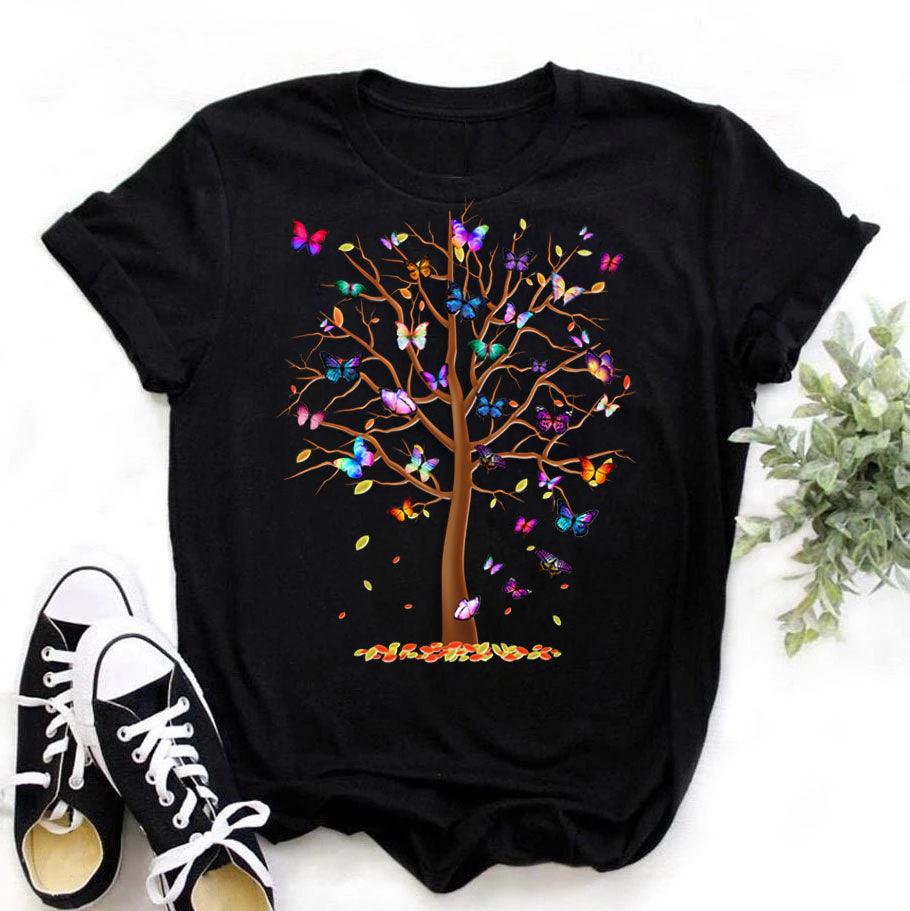 Woman Butterfly Tree Print Harajuku Summer Tshirts Casual Round Neck Short Slee Top Tee Shirt Women Black T-shirt Drop Ship - Encouraging The Truth Organization