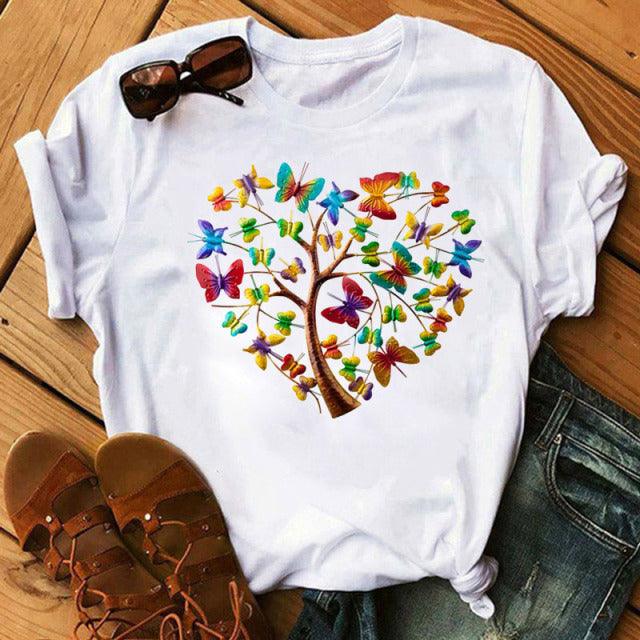 Woman Butterfly Tree Print Harajuku Summer Tshirts Casual Round Neck Short Slee Top Tee Shirt Women Black T-shirt Drop Ship - Encouraging The Truth Organization