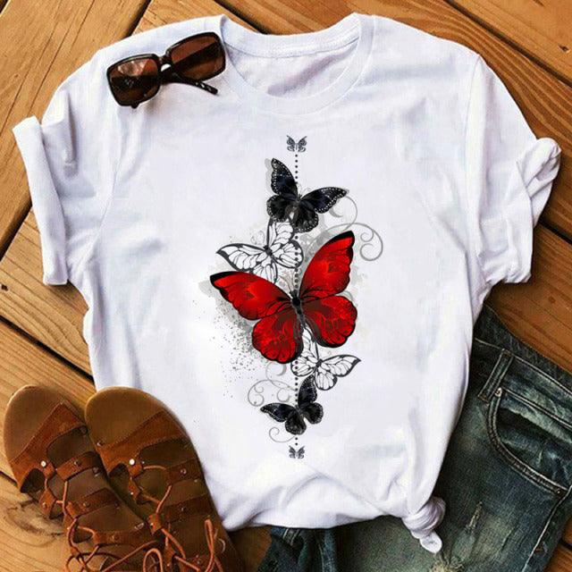 Woman Butterfly Tree Print Harajuku Summer Tshirts Casual Round Neck Short Slee Top Tee Shirt Women Black T-shirt Drop Ship - Encouraging The Truth Organization