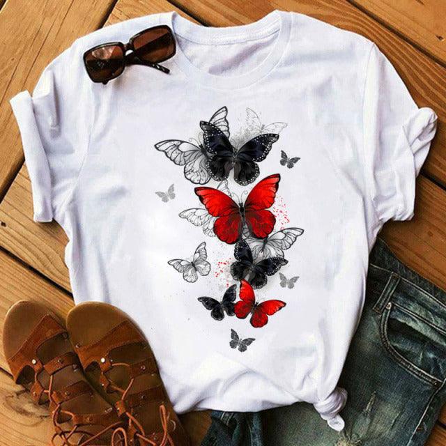 Woman Butterfly Tree Print Harajuku Summer Tshirts Casual Round Neck Short Slee Top Tee Shirt Women Black T-shirt Drop Ship - Encouraging The Truth Organization