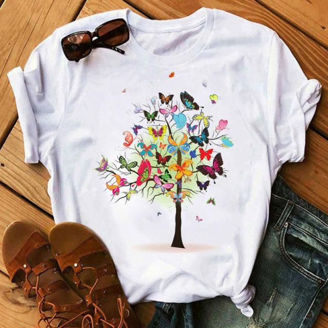 Woman Butterfly Tree Print Harajuku Summer Tshirts Casual Round Neck Short Slee Top Tee Shirt Women Black T-shirt Drop Ship - Encouraging The Truth Organization