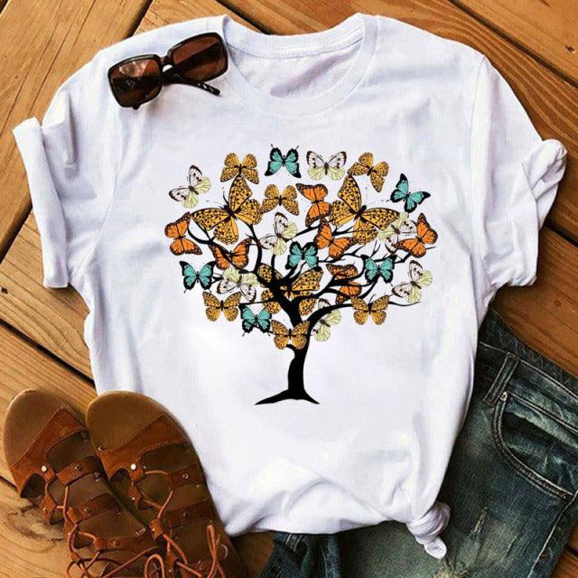 Woman Butterfly Tree Print Harajuku Summer Tshirts Casual Round Neck Short Slee Top Tee Shirt Women Black T-shirt Drop Ship - Encouraging The Truth Organization