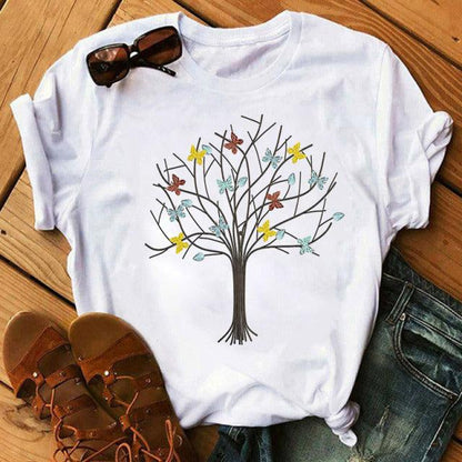 Woman Butterfly Tree Print Harajuku Summer Tshirts Casual Round Neck Short Slee Top Tee Shirt Women Black T-shirt Drop Ship - Encouraging The Truth Organization