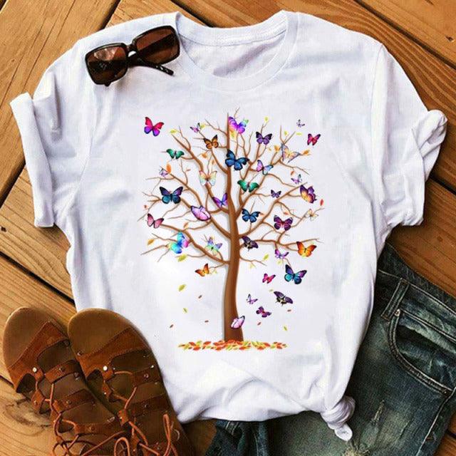 Woman Butterfly Tree Print Harajuku Summer Tshirts Casual Round Neck Short Slee Top Tee Shirt Women Black T-shirt Drop Ship - Encouraging The Truth Organization